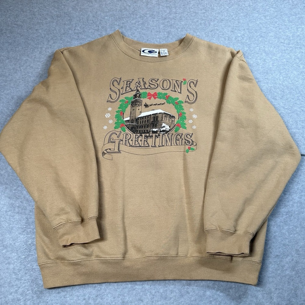 Vintage 90s CYRK Season's Greetings Christmas Crewneck M Tan Sweatshirt